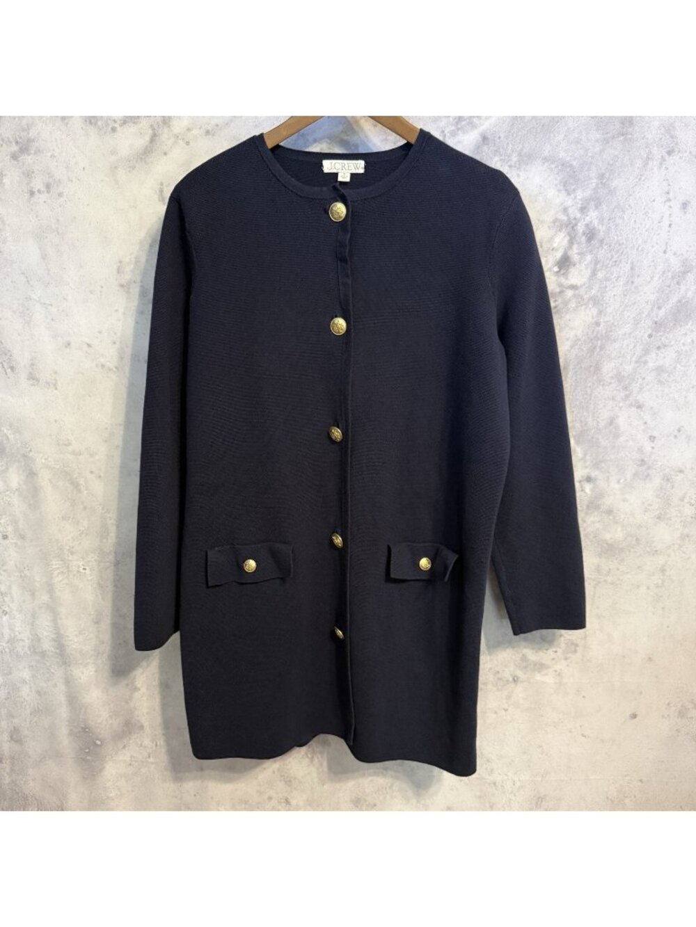 J. Crew Long Giselle Sweater Blazer Navy Blue Gold Crest Button Cardigan FA24 M